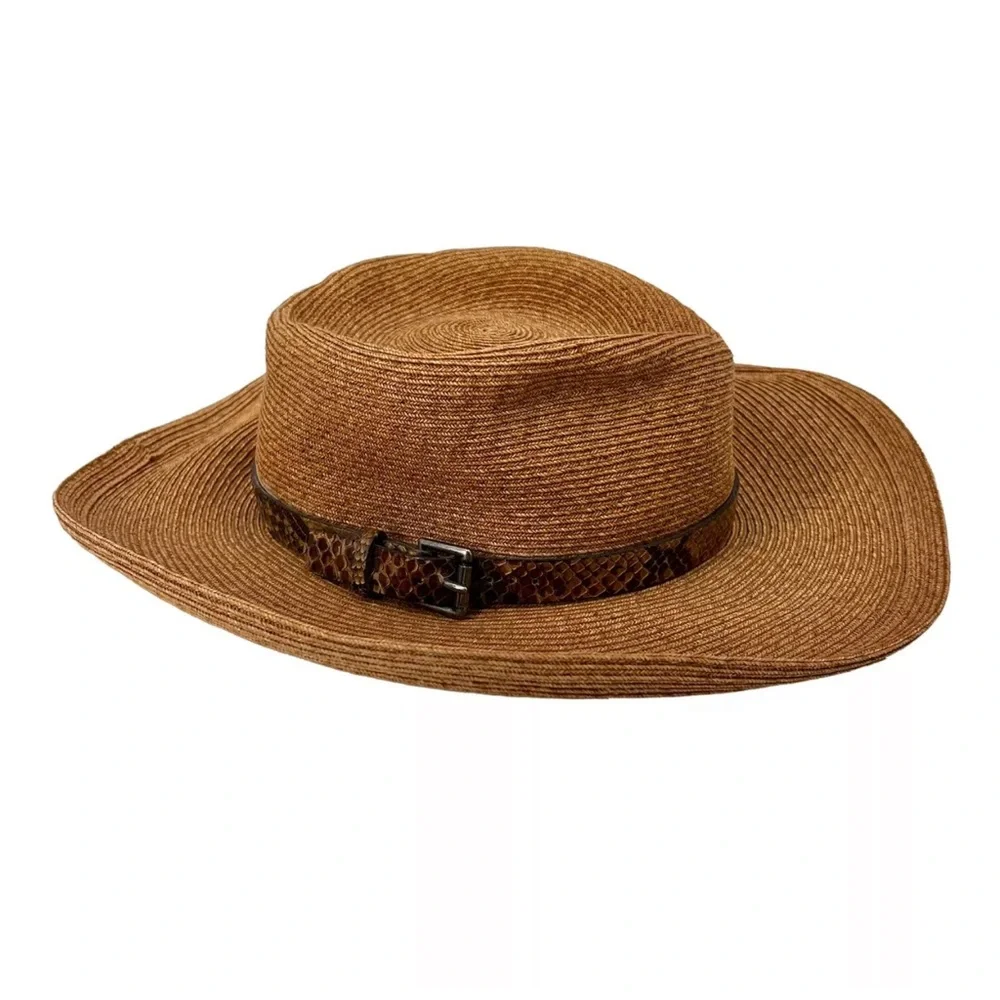 Eric Javits Tan Straw Wide-Brim Hat with Textured Brown Belt